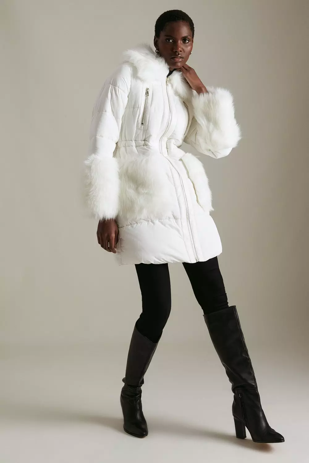 Faux Fur Pocket And Cuff Puffer Coat Karen Millen